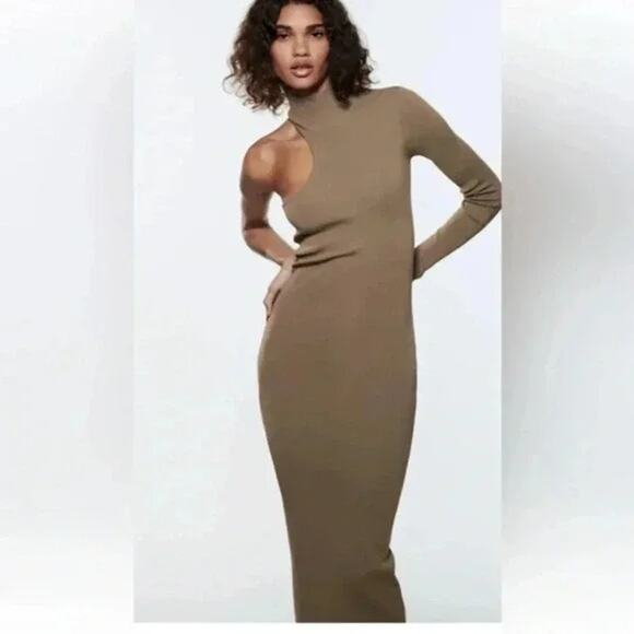 Zara Mink Brown Bandage Knit Asymmetrical Bodycon Midi Dress One Shoulder SMALL - Picture 2 of 8